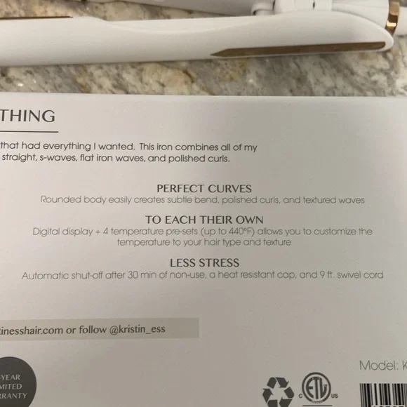 EUC Kristin Ess White Flat Iron, 3-in-one, only used a few times, 1.25” - Picture 10 of 12